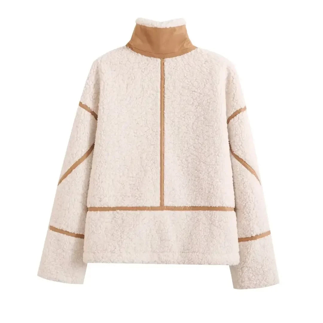 Women's new Fashion loose side pocket warm Fur Faux Leather stand collar jacket coat retro long sleeved women's coat chic top