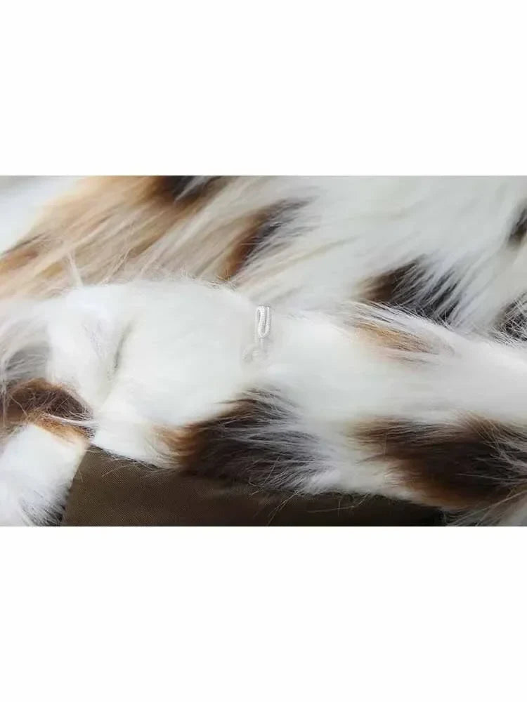 Women's new fashion faux fur effect casual side pocket printed striped Coat retro stand Neck long sleeved women's Coat chic top