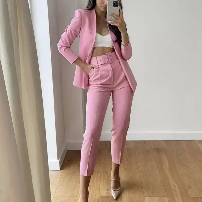 set Women 2 pieces 2023 New Fashion Collarless explosion Blazer Coat Vintage Belt suit pants Female Outerwear Chic 