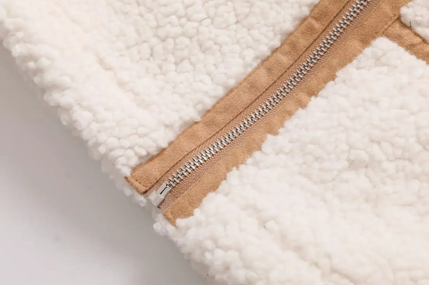 Women's new Fashion loose side pocket warm Fur Faux Leather stand collar jacket coat retro long sleeved women's coat chic top