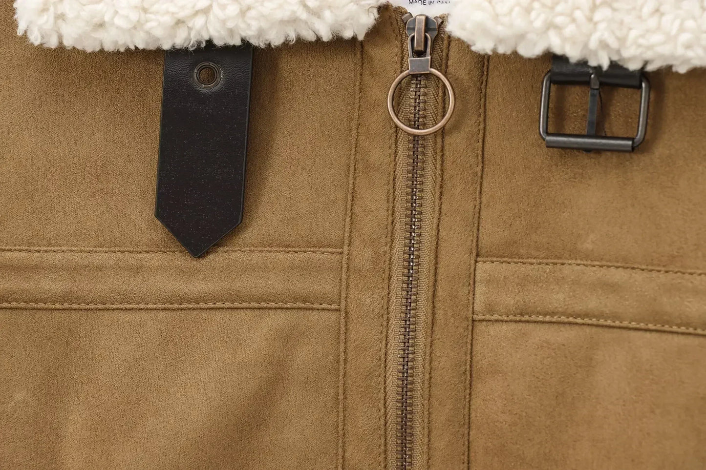 Women's new fashion belt decoration short double-sided Fur Faux Leather jacket retro long sleeved zipper women's coat chic top