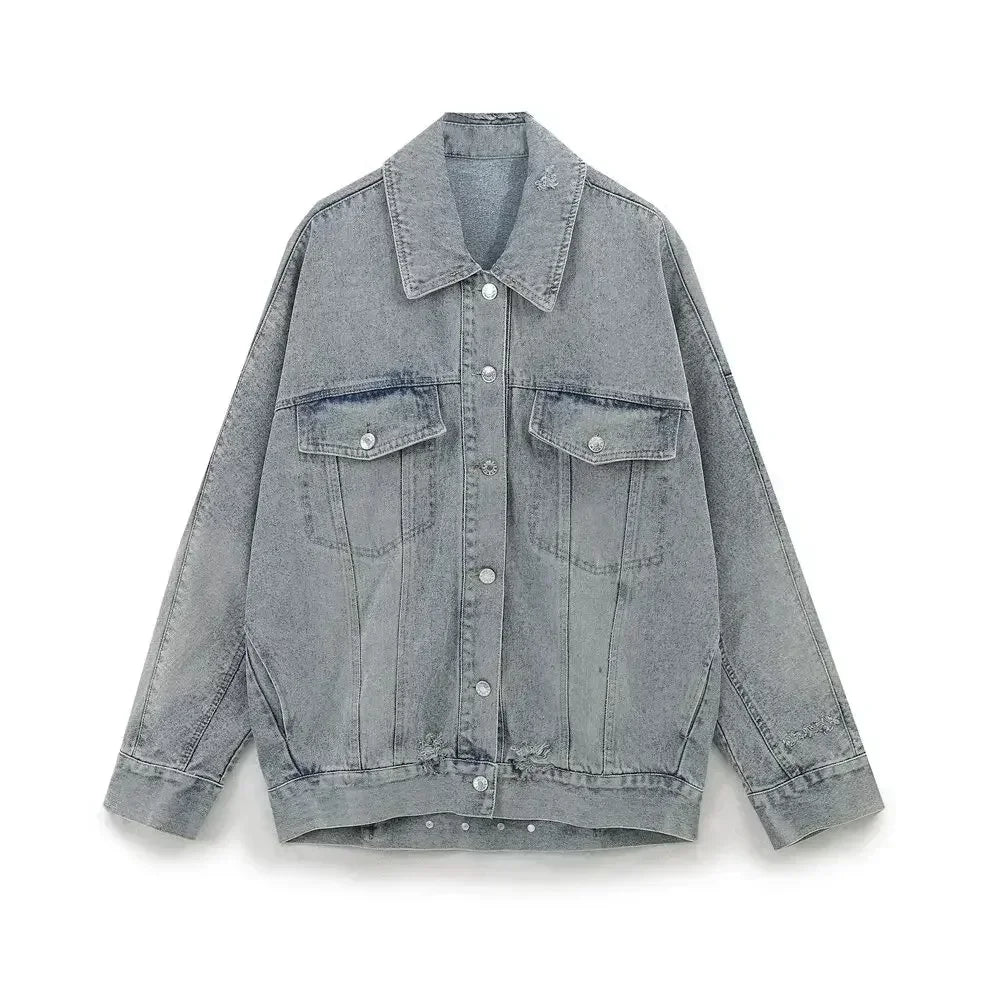 Women's new fashion flap pocket decoration loose single breasted denim jacket coat retro Lapel long sleeved Female coat chic top