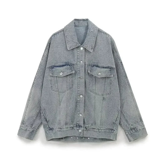 Women's new fashion flap pocket decoration loose single breasted denim jacket coat retro Lapel long sleeved Female coat chic top
