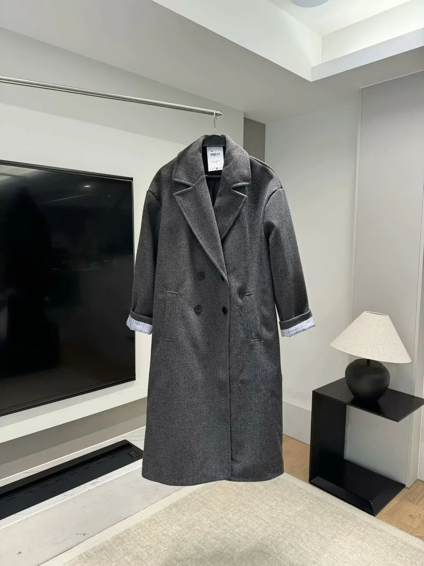 Women's new fashion loose basic style casual double breasted woolen coat retro long sleeved side pocket women's coat chic top