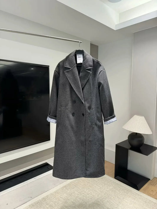 Women's new fashion loose basic style casual double breasted woolen coat retro long sleeved side pocket women's coat chic top