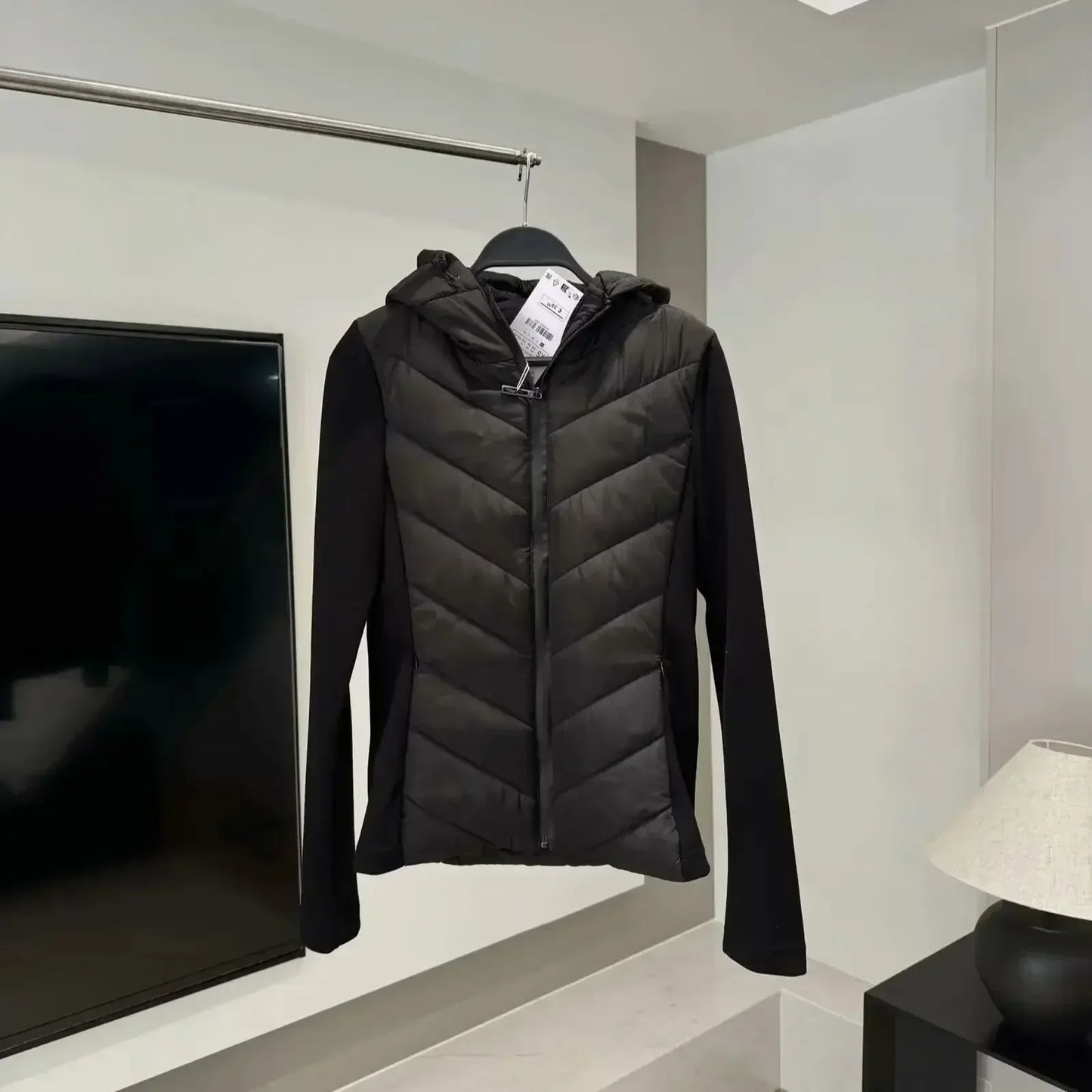 Women's 2024 New Fashion with Pocket Black Splicing Hooded Cotton Jacket Coat Retro Long Sleeve Zipper Women's Coat Chic Top