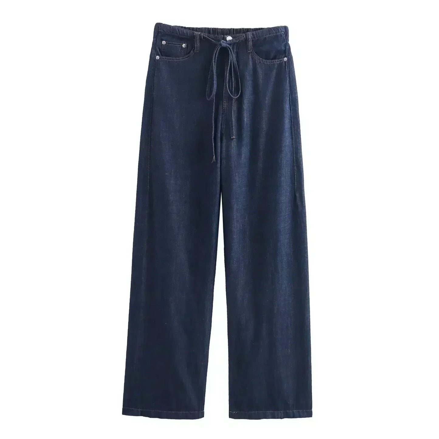 Women's new fashion lace up decoration vacation style casual pleated jeans retro high waisted pocket women's denim pants