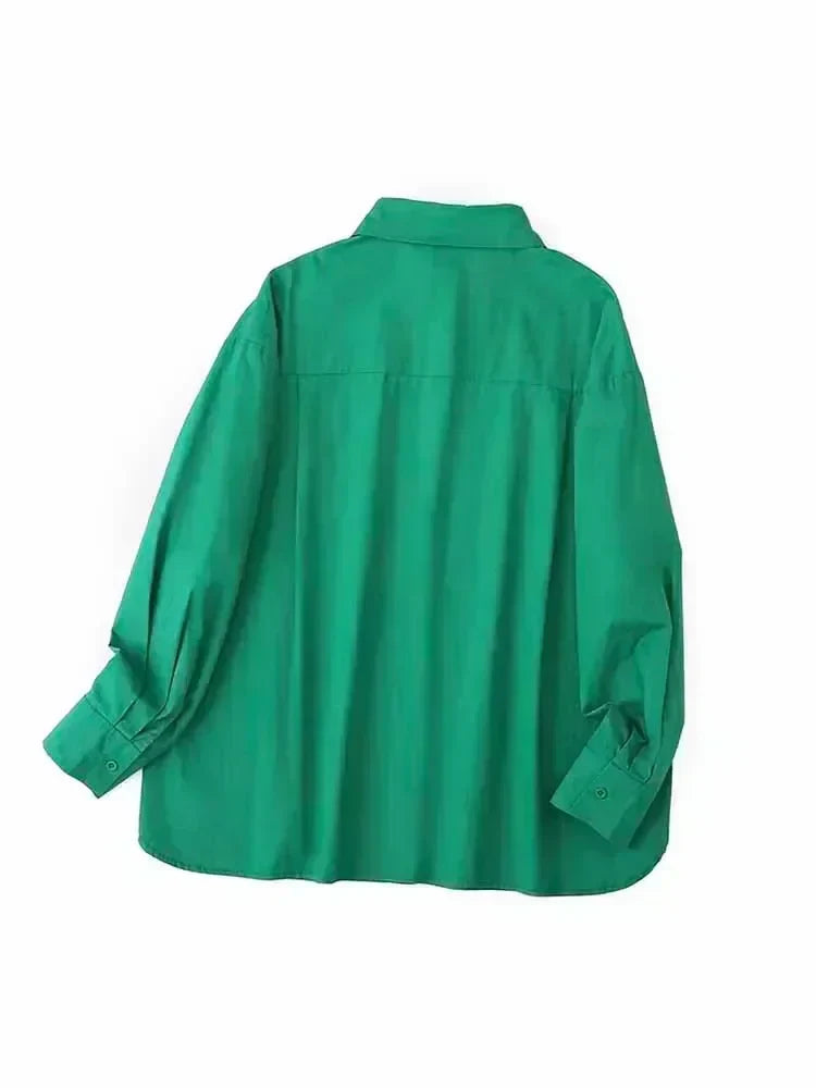 Women's 2024 New Fashion Casual silhouette Loose solid color casual shirt Retro long sleeved button up women's shirt 