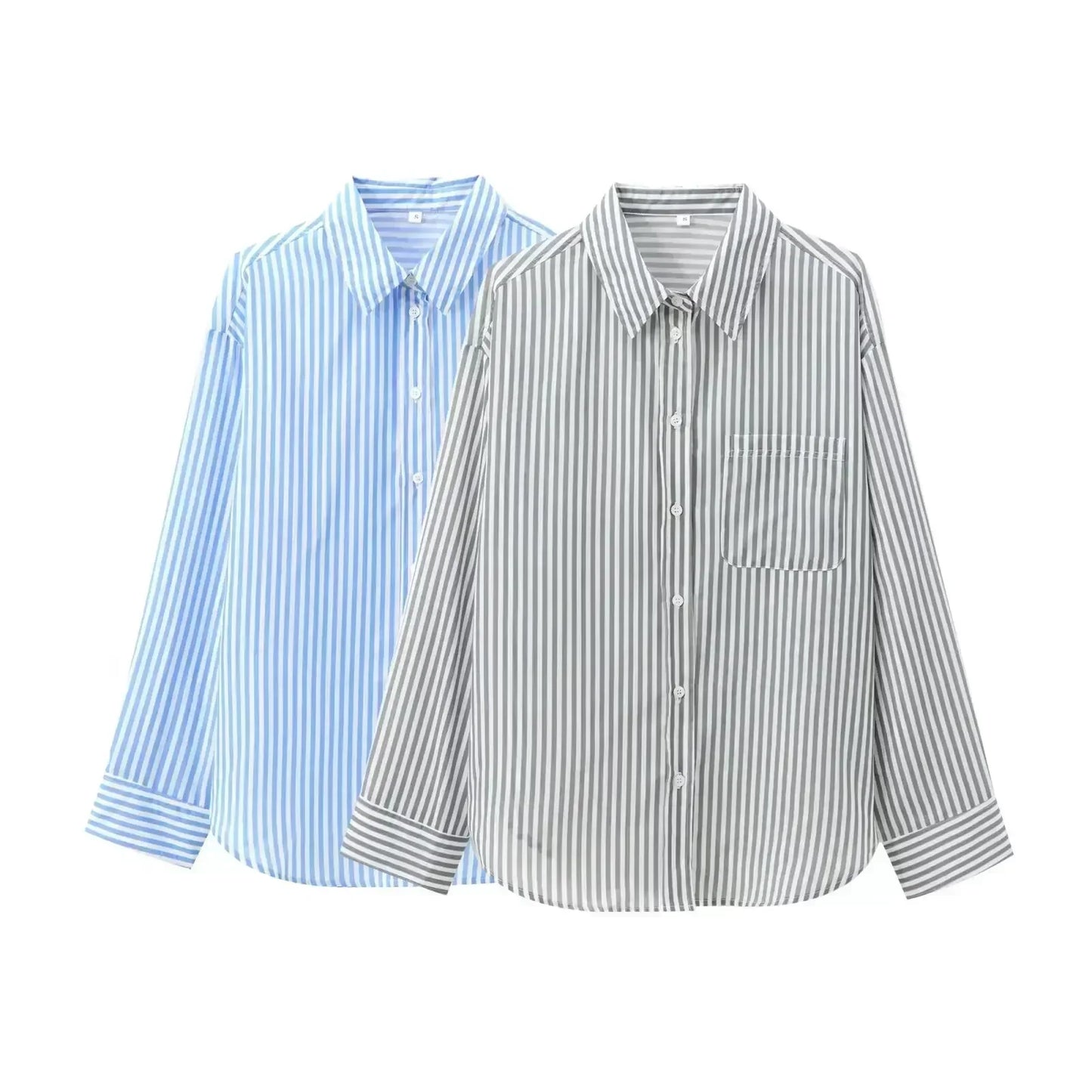 Women's 2024 new fashion pocket decoration loose striped asymmetrical shirt retro long sleeved button up women's shirt 