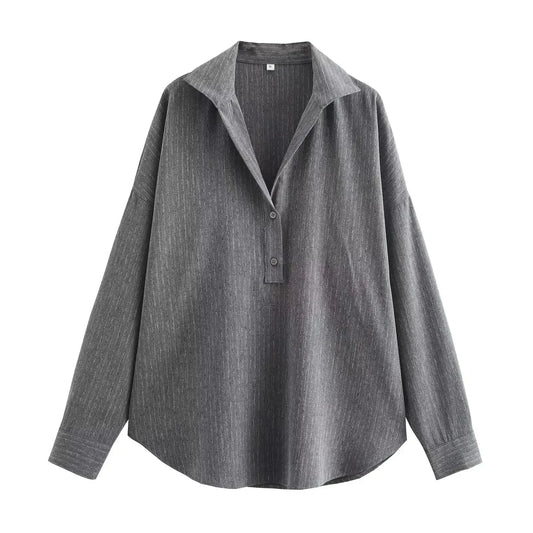 Women's new fashion button up decoration loose striped casual polo shirt collar shirt retro long sleeved women's shirt