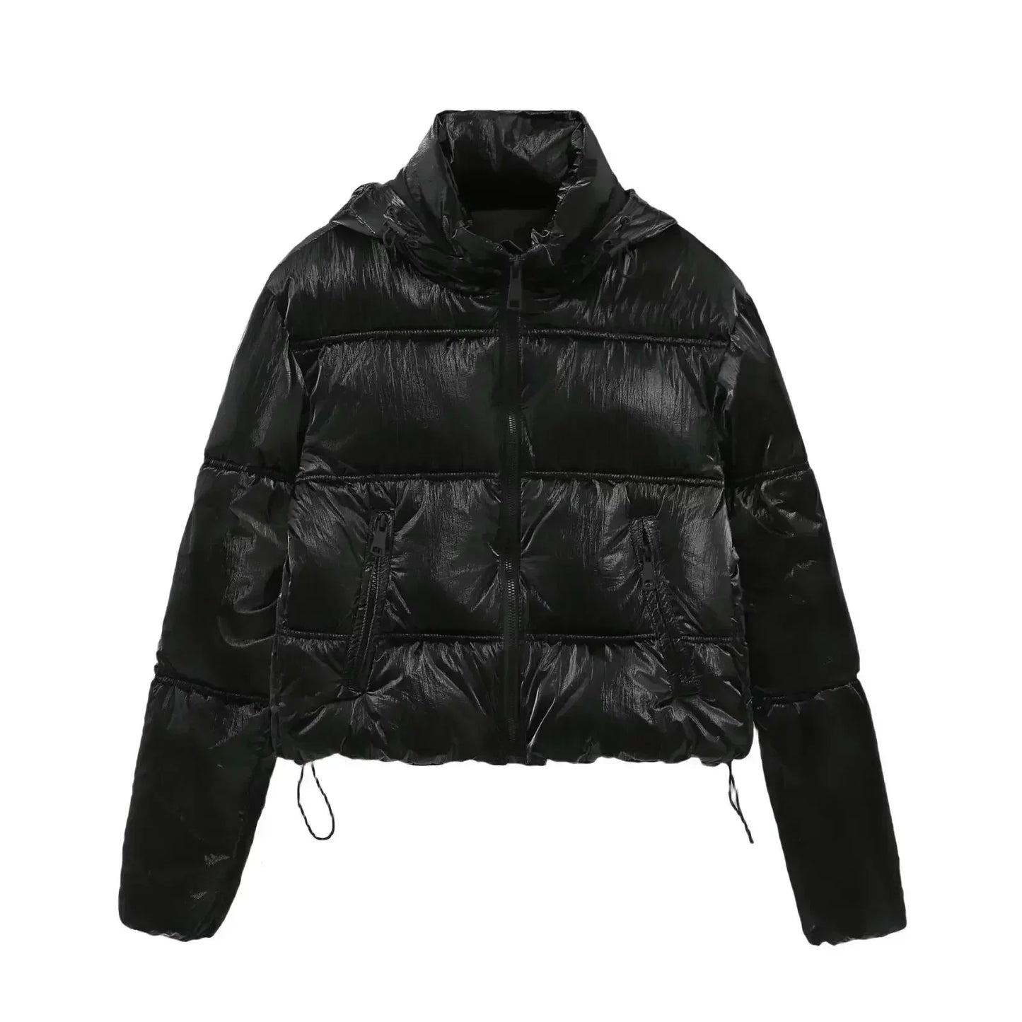 Women 2023 Winter Fashion Metal series Cropped Solid Warm Cotton Coat Vintage Long Sleeve Zipper Female Outerwear Chic Tops 