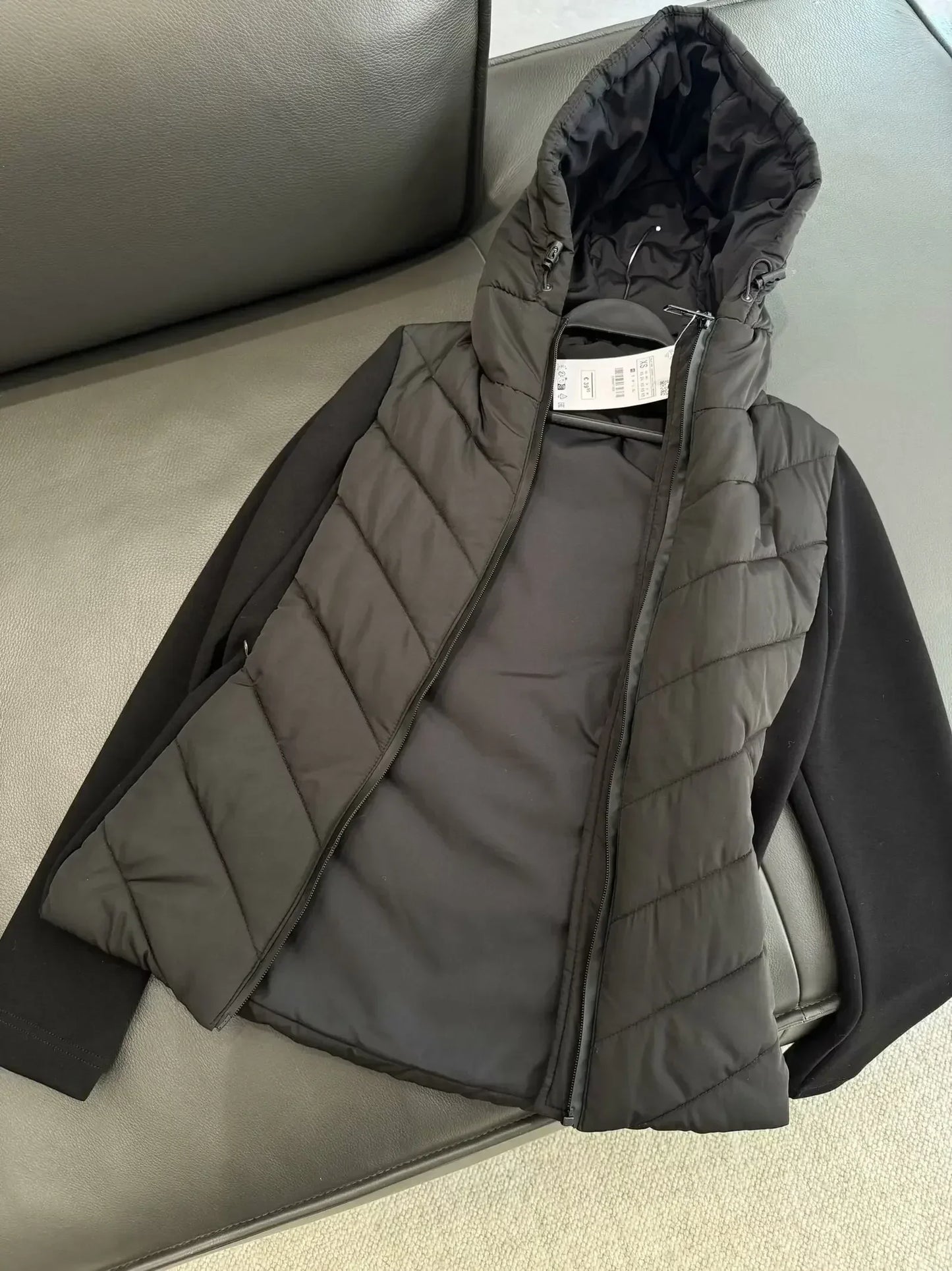 Women's 2024 New Fashion with Pocket Black Splicing Hooded Cotton Jacket Coat Retro Long Sleeve Zipper Women's Coat Chic Top