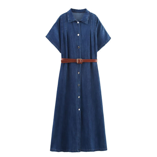 women's New Fashion with Belt short sleeved denim MIDI dress