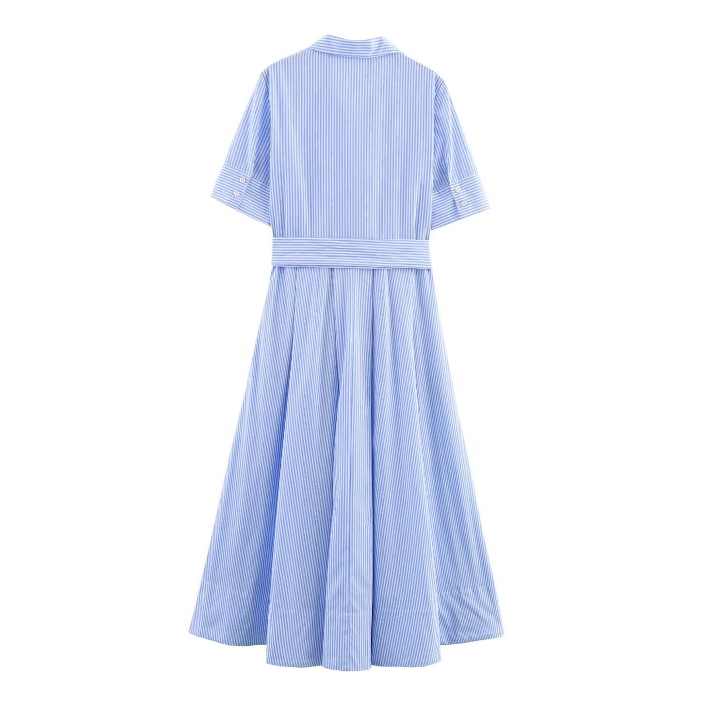 Women's' new fashion with Belt short sleeved poplin striped shirt style MIDI dress