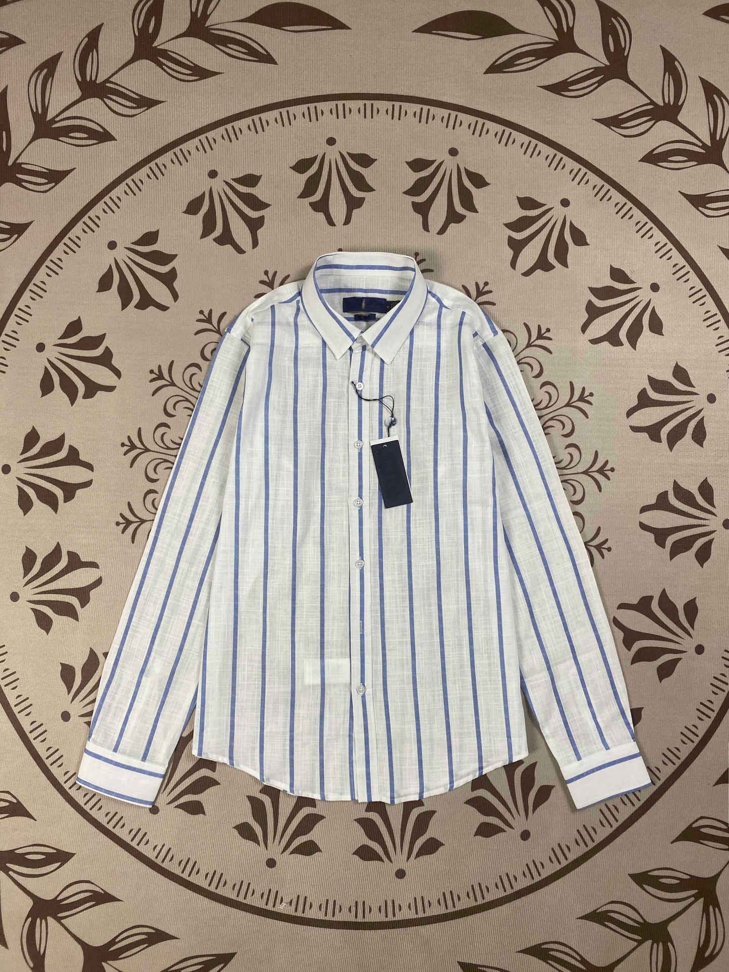 Women's new fashion Joker embroidered slub cotton striped lapel loose long sleeve shirt top.