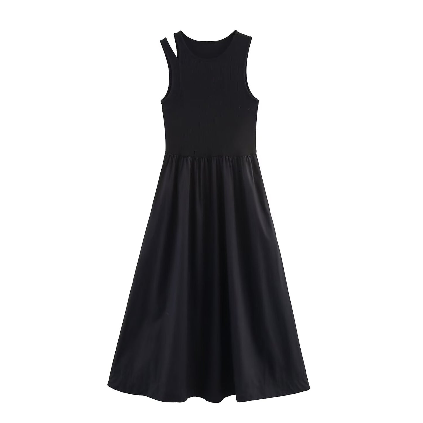 Women's new fashion elastic slim O-Neck sleeveless wide pleated MIDI dress