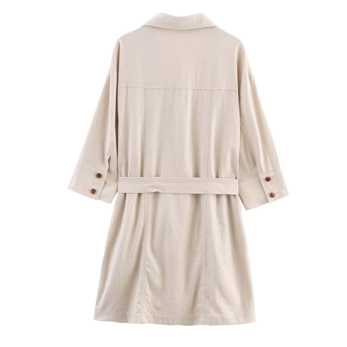 Women's New Chic Fashion With Belt Linen Blended Mini Dress Retro Short Sleeve Button up Women's Dress
