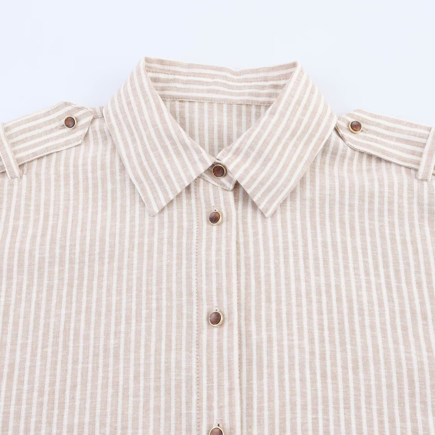 Women's 2025 new fashion casual single breasted striped shirt retro short sleeved women's shirt chic top