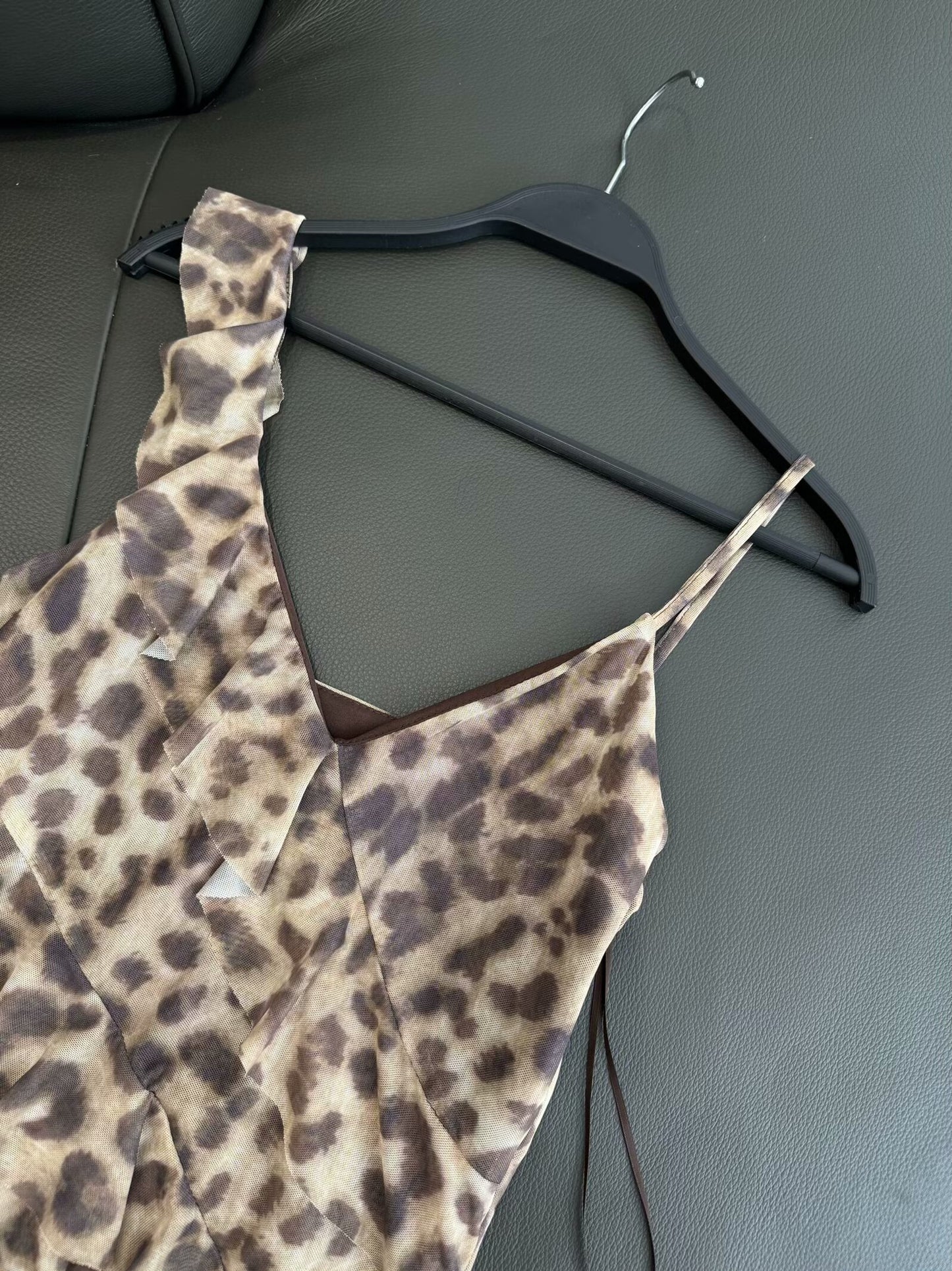 Women's 2025 new fashion layered decoration printed tulle suspender top