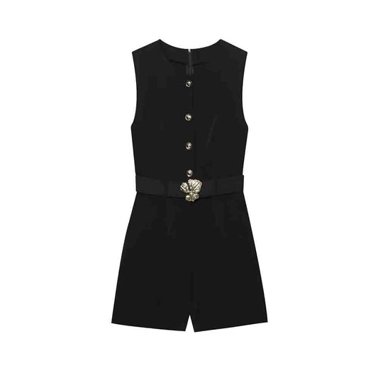 Ladies' new Fashion With belt casual single breasted button up short jumpsuit
