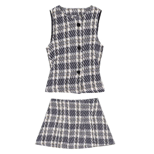 Women's new fashion casual single breasted plaid texture vest+Shorts Skirts suit