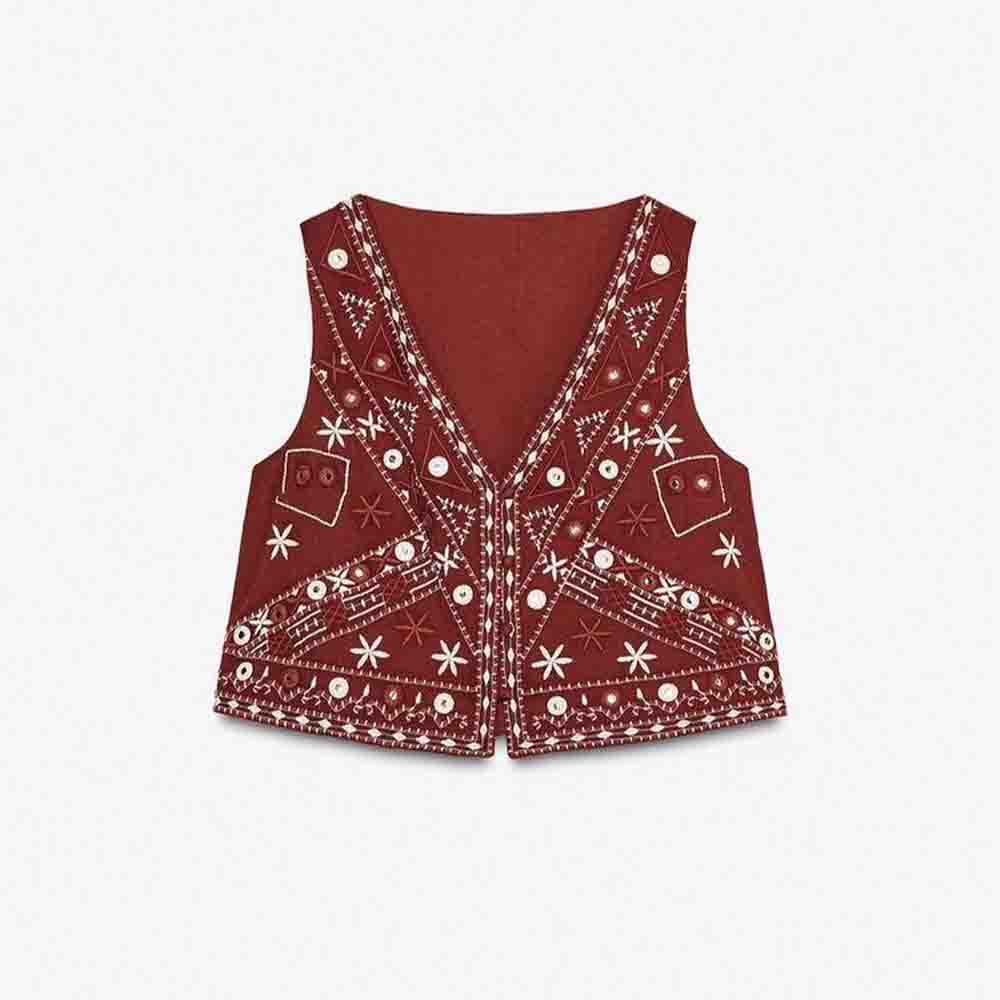 suit Women's 2 pieces New mirror effect decoration V-neck embroidered vest+Shorts suit