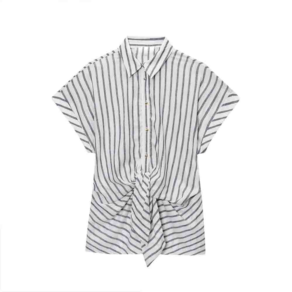 Women's new fashion knot decoration linen blended striped shirt
