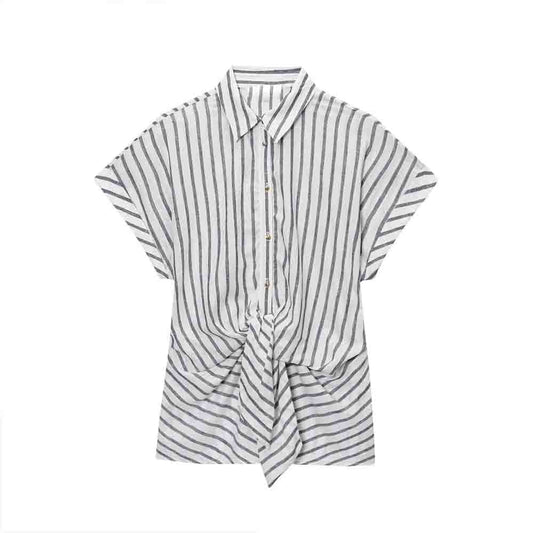 Women's new fashion knot decoration linen blended striped shirt