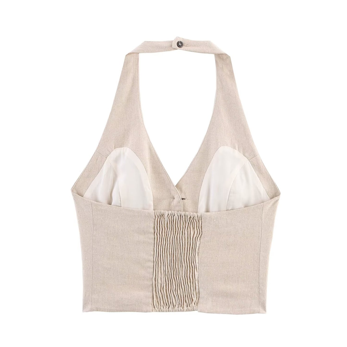 Women's new chic fashion single breasted linen blend hanging neck top retro sleeveless backless women's vest+Skirts Women's suit