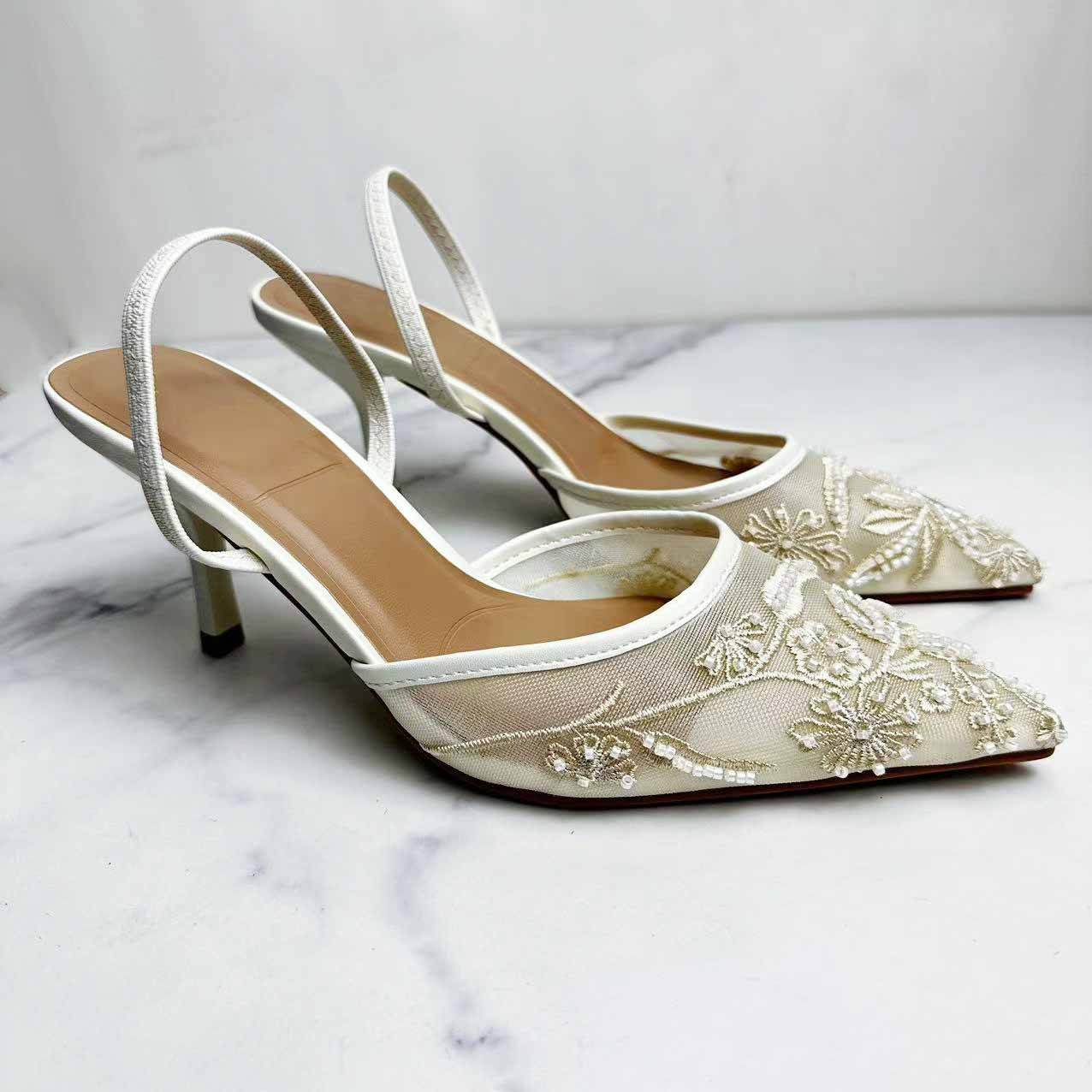 Women's New Fashion Joker Strap Temperament Stiletto Toe Baotou Embroidered Beaded Mesh Sandals.