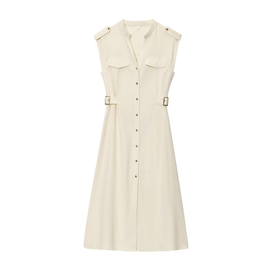 Women's New Fashion Sleeveless Single breasted Linen Blended Midi Dress