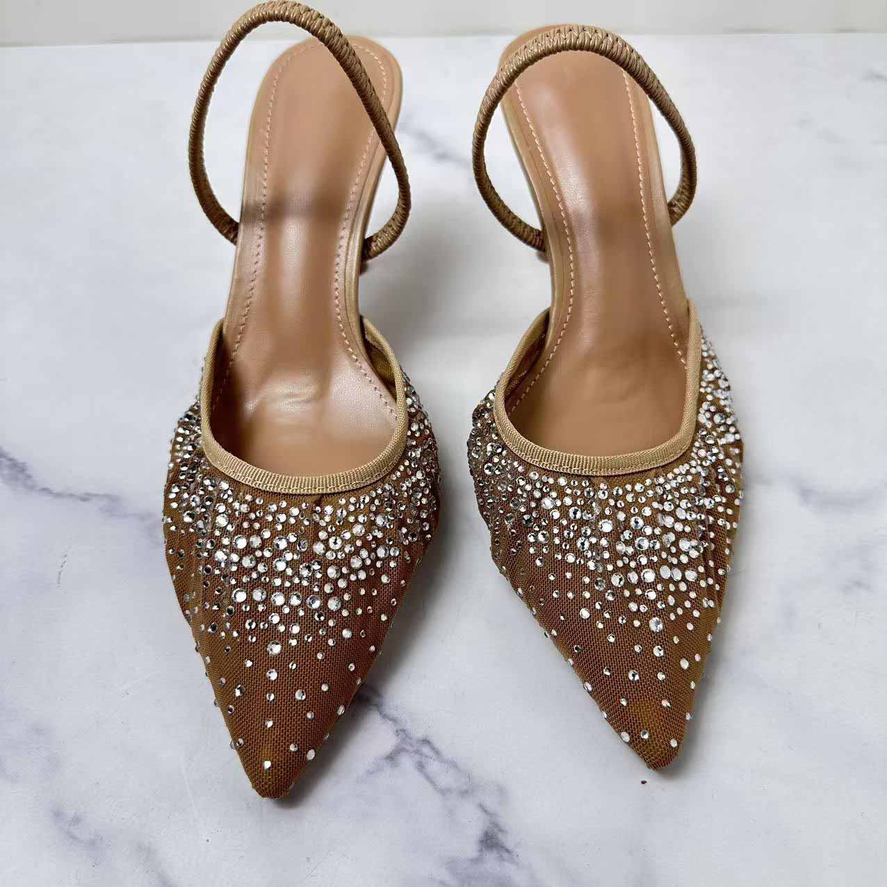 Women's New Fashion Joker Bright Water Diamond Mesh Fashion Temperament with High Heels.