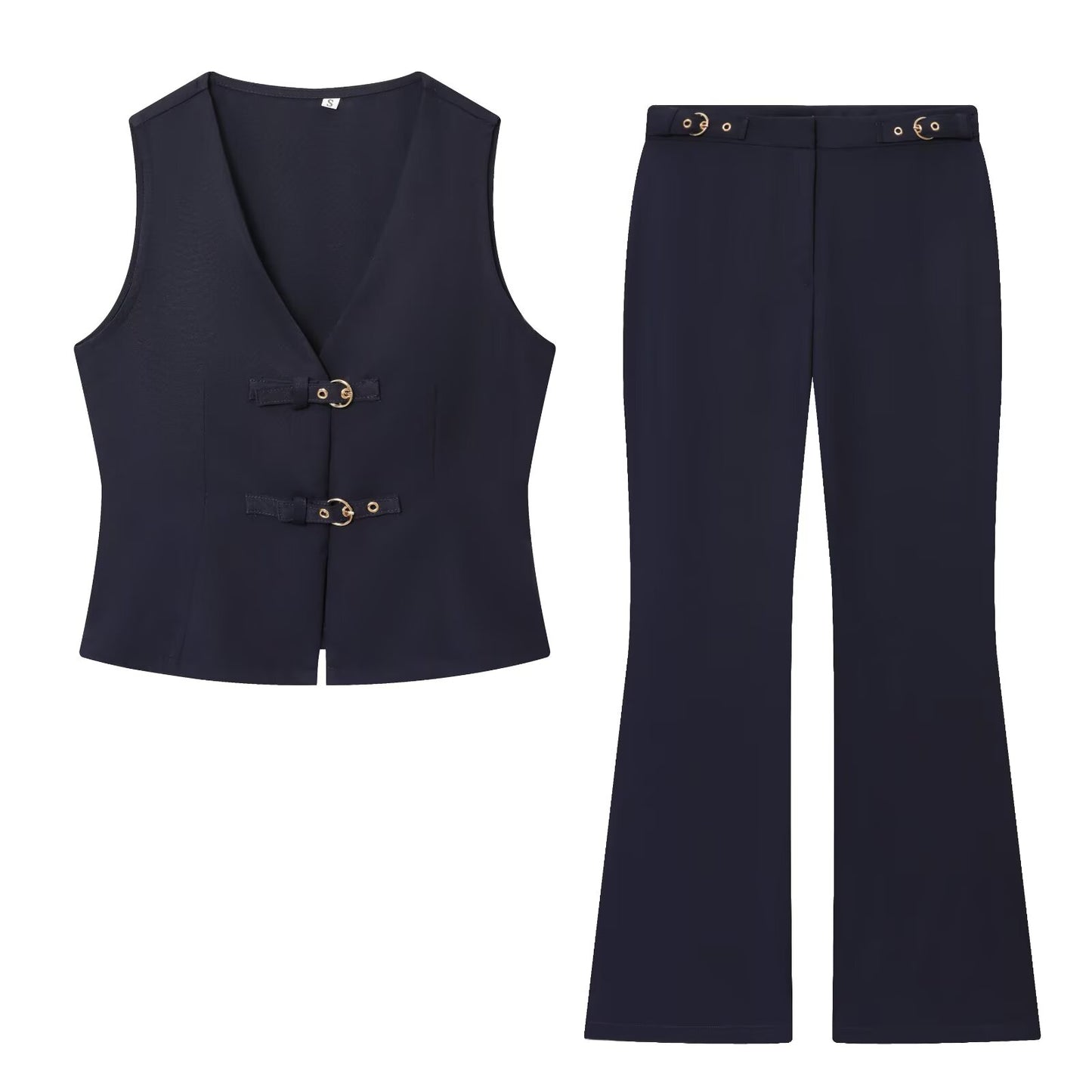 suit Women's 2 pieces buckle decoration vest style crepe top+Pants