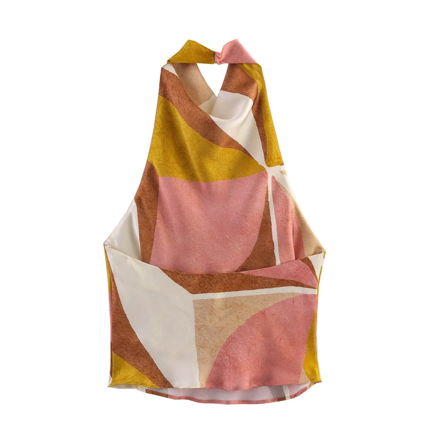 Women's new fashion casual satin texture geometric print hanging neck top retro sleeveless backless women's vest chic top+Skirts suit