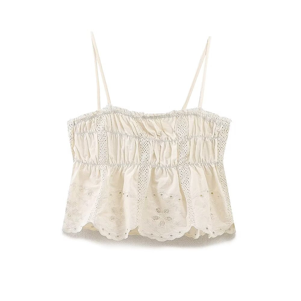 suit Women's 2 pieces new fashion hollow embroidery suspender top +shorts suit