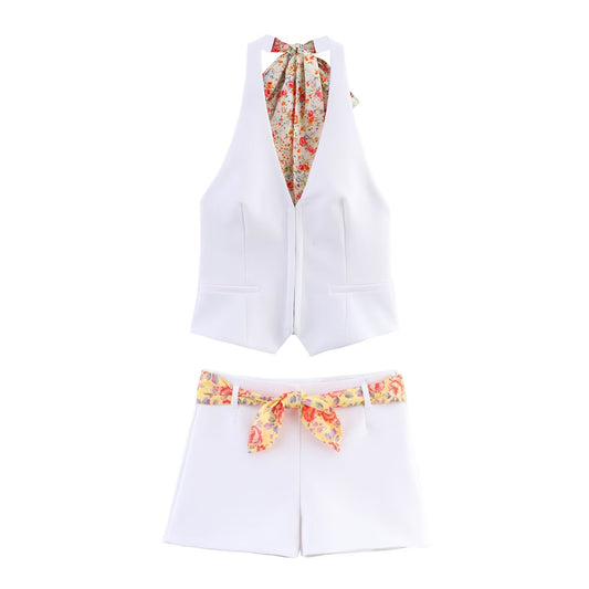 Women's new fashion printed halter neck vest retro sleeveless backless women's vest+Shorts Women's suit