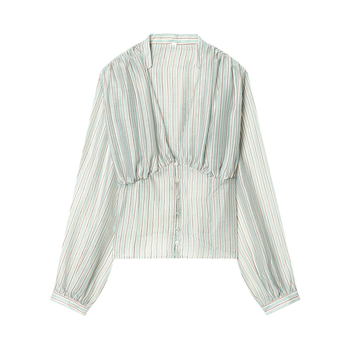 Women's V-neck striped waist cinched shirt