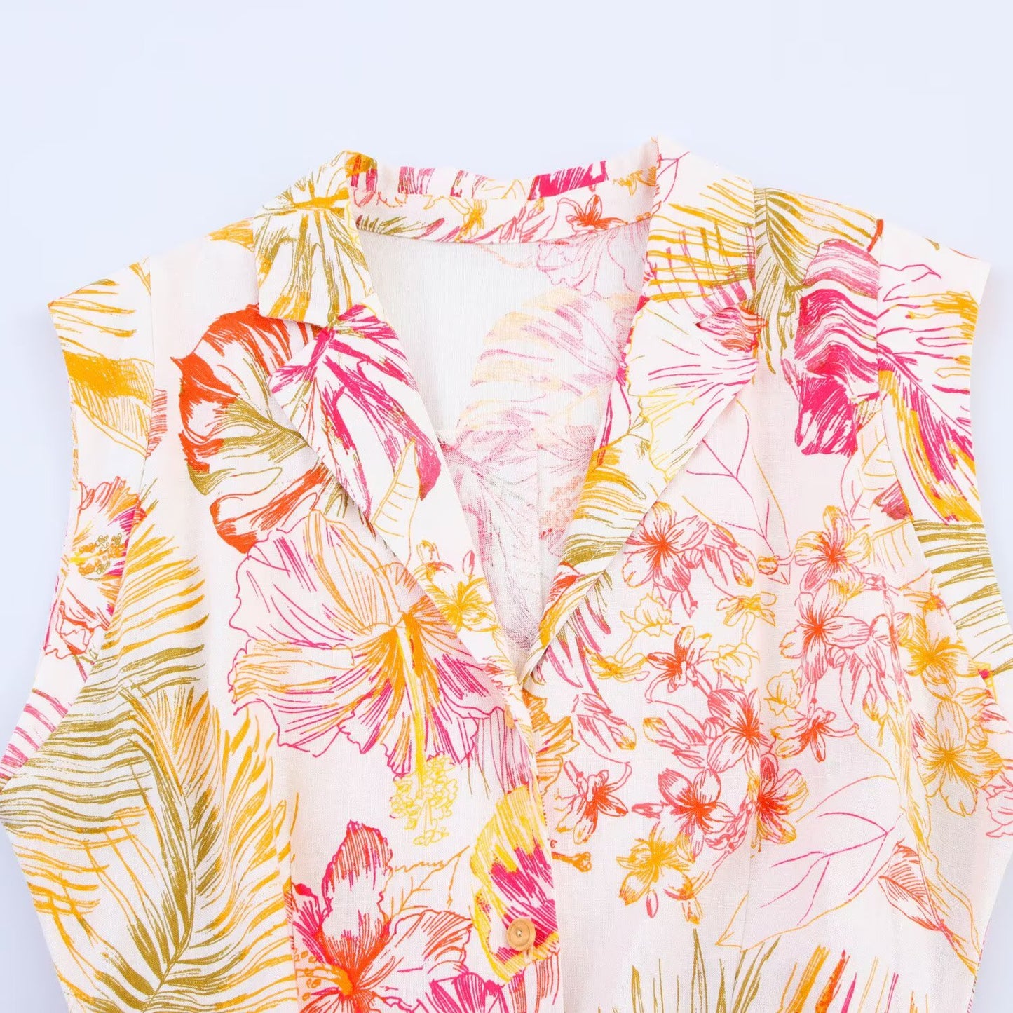 Women's New Chic Fashion With Belt Linen Blended Printed Midi Dress Retro Sleeveless Button up Women's Dress