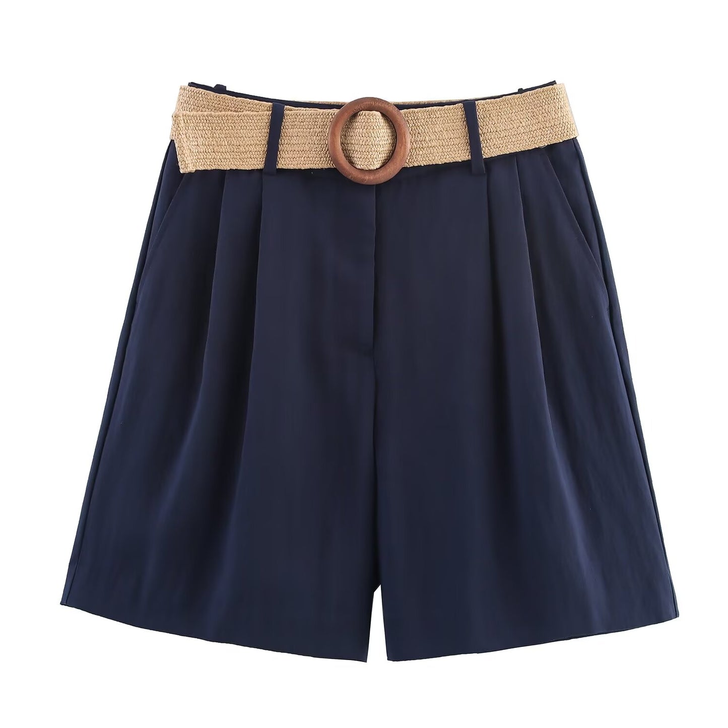 Women's' new fashion with Belt loose side pocket casual pleated shorts