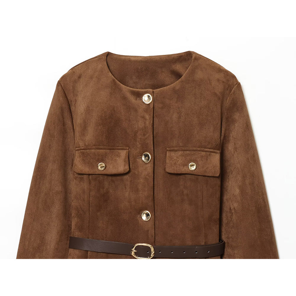 Women's new fashion with Belt suede texture effect O Neck suit jacket