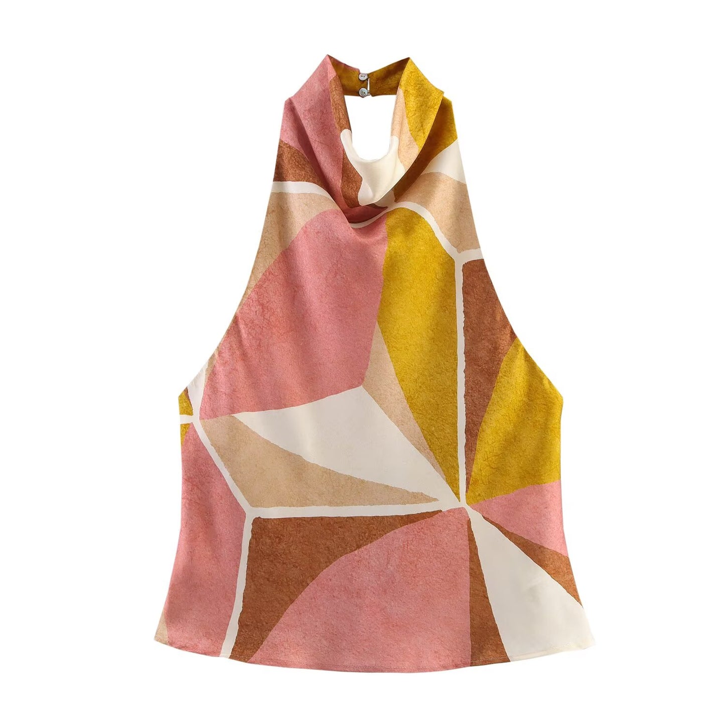 Women's new fashion casual satin texture geometric print hanging neck top retro sleeveless backless women's vest chic top+Skirts suit