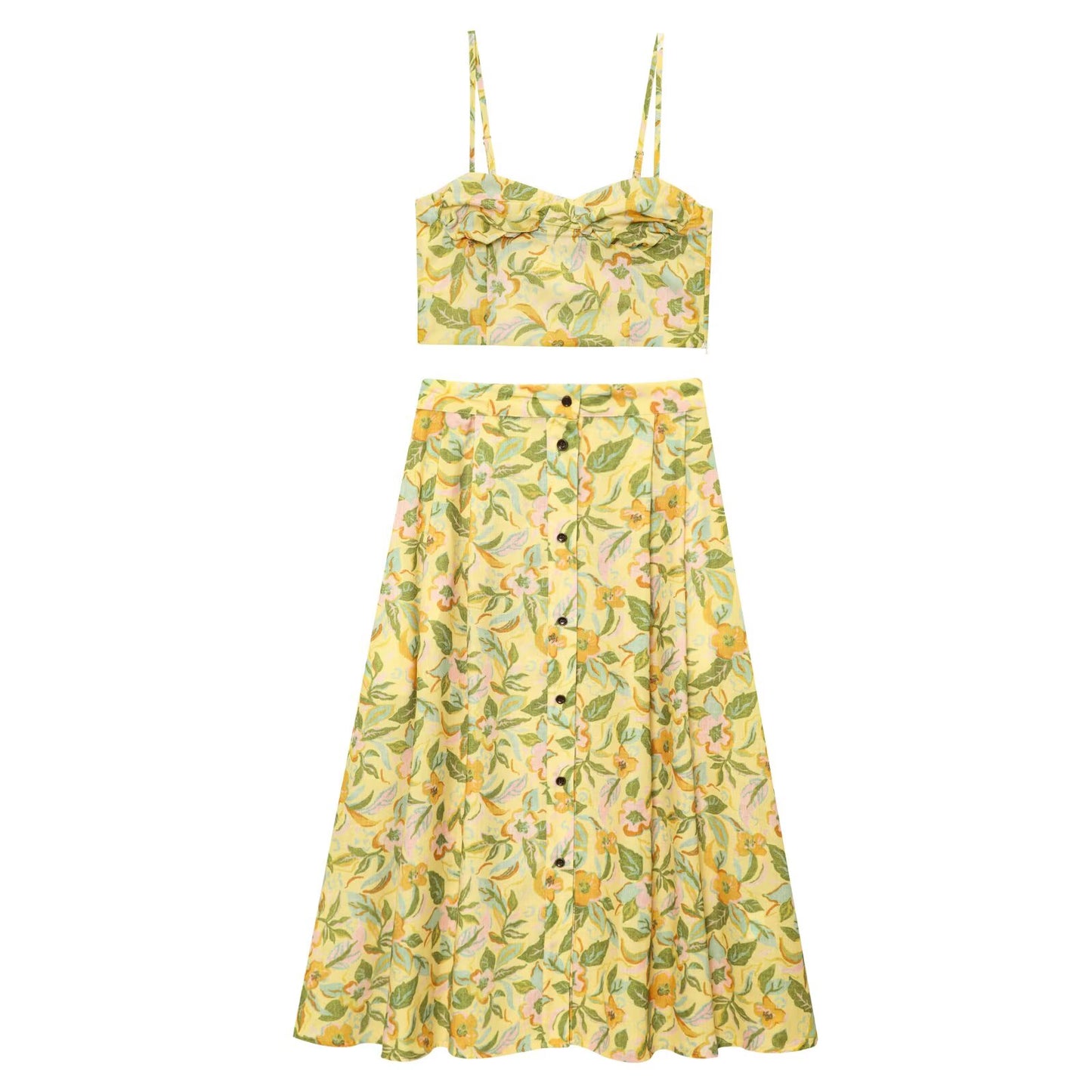 set Women's 2 pieces fashion linen blend printed short suspender top+Skirts suit