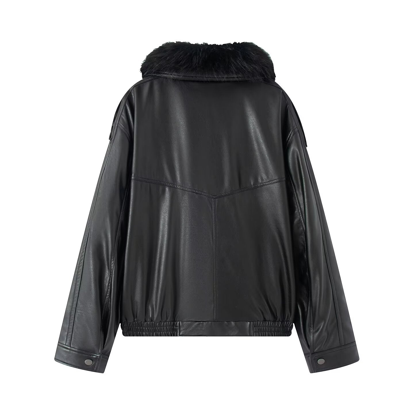 Women's black detachable faux Leather fur collar jacket Coat