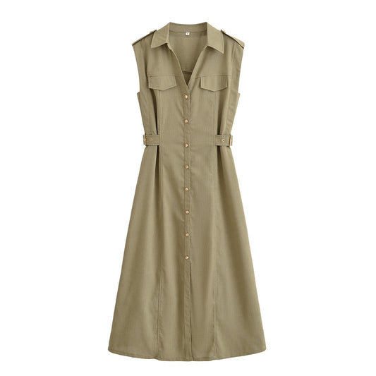 Women's new fashion Casual Linen Blended Shirt Style Midi Dress Retro Sleeveless Women's Dress