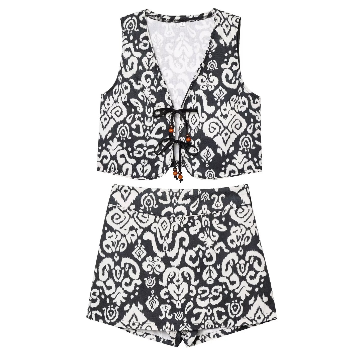 Women's new fashion bow Lace up decoration print V-neck vest+Shorts Skirts suit