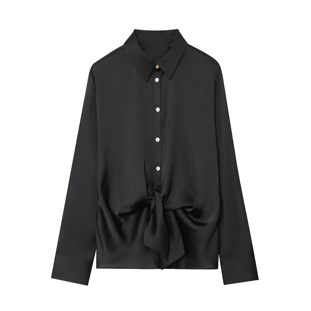 Women's new fashion knot decoration satin texture lapel shirt