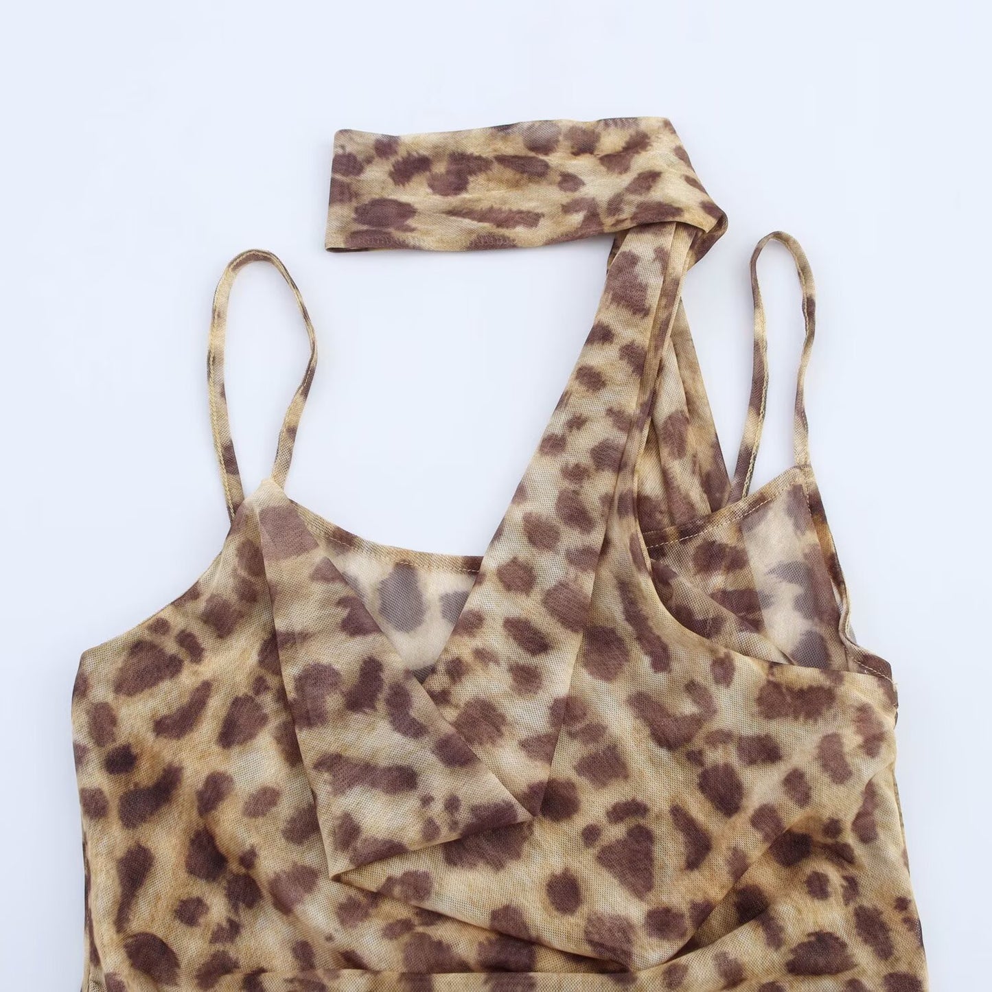 Women's new chic Fashion scarf decoration tight printed tulle suspender bodysuit retro sleeveless backless women's bodysuit