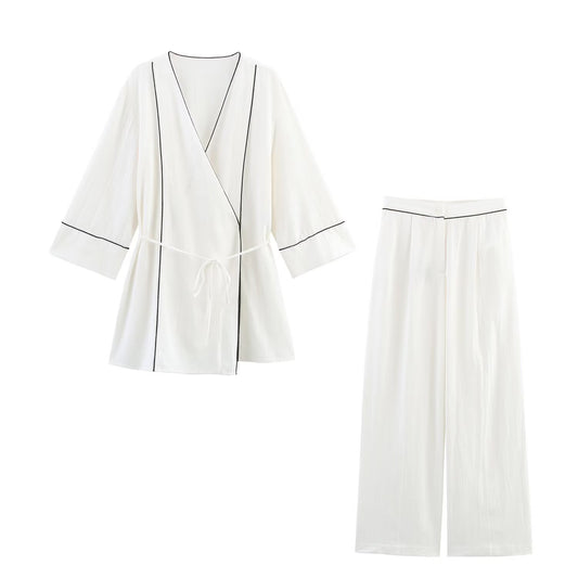 Women's' New Fashion with belt loose V-neck long sleeved shirt coat+Pants Women's suit