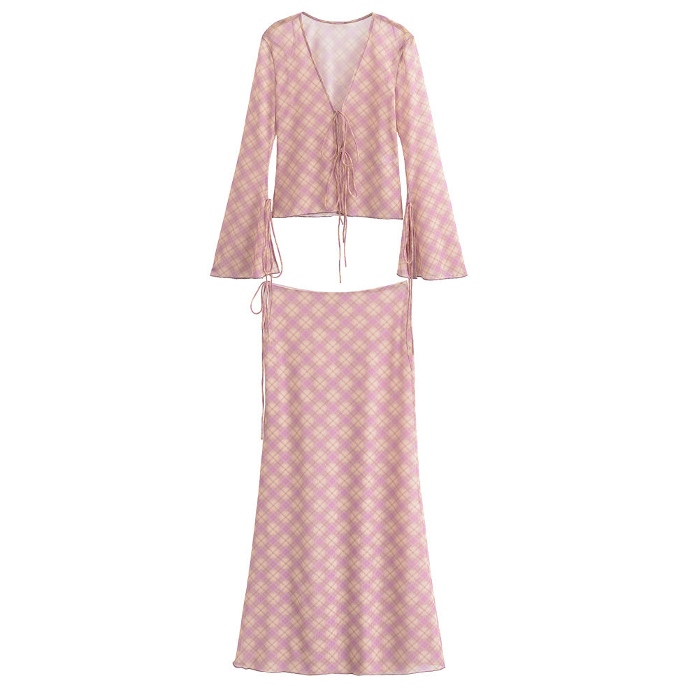 Women's new Fashion bow Lace up decoration V-neck mesh printed top+Skirts Women's suit