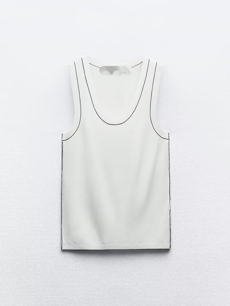 Women's 2025 chic and stylish contrast-trimmed plain needle sleeveless top vest